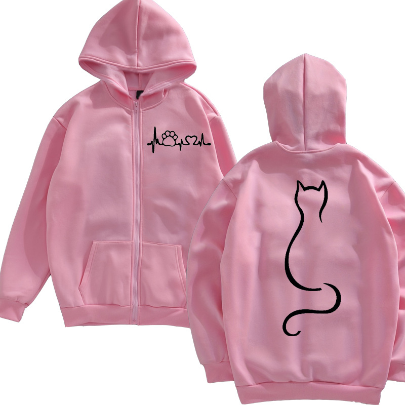 Unisex hoodie με εκτύπωση γάτας και φερμουάρ, μοντέλο 1009