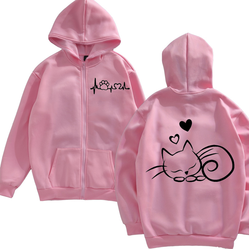 Unisex hoodie με εκτύπωση γάτας και φερμουάρ, μοντέλο 1009