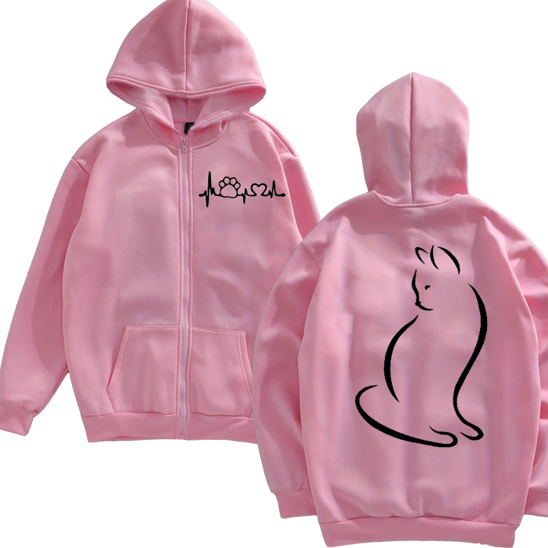 Unisex hoodie με εκτύπωση γάτας και φερμουάρ, μοντέλο 1009