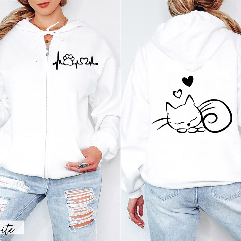 Unisex hoodie με εκτύπωση γάτας και φερμουάρ, μοντέλο 1009
