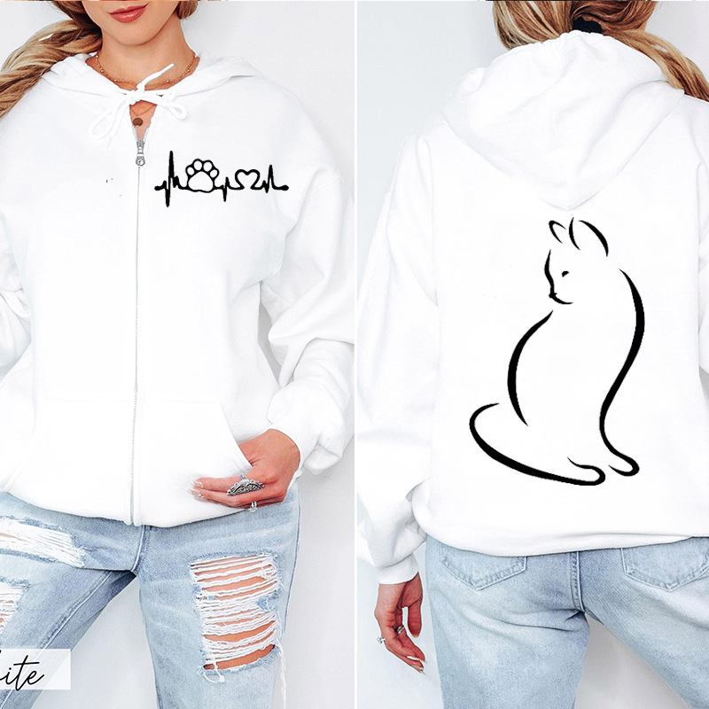 Unisex hoodie με εκτύπωση γάτας και φερμουάρ, μοντέλο 1009