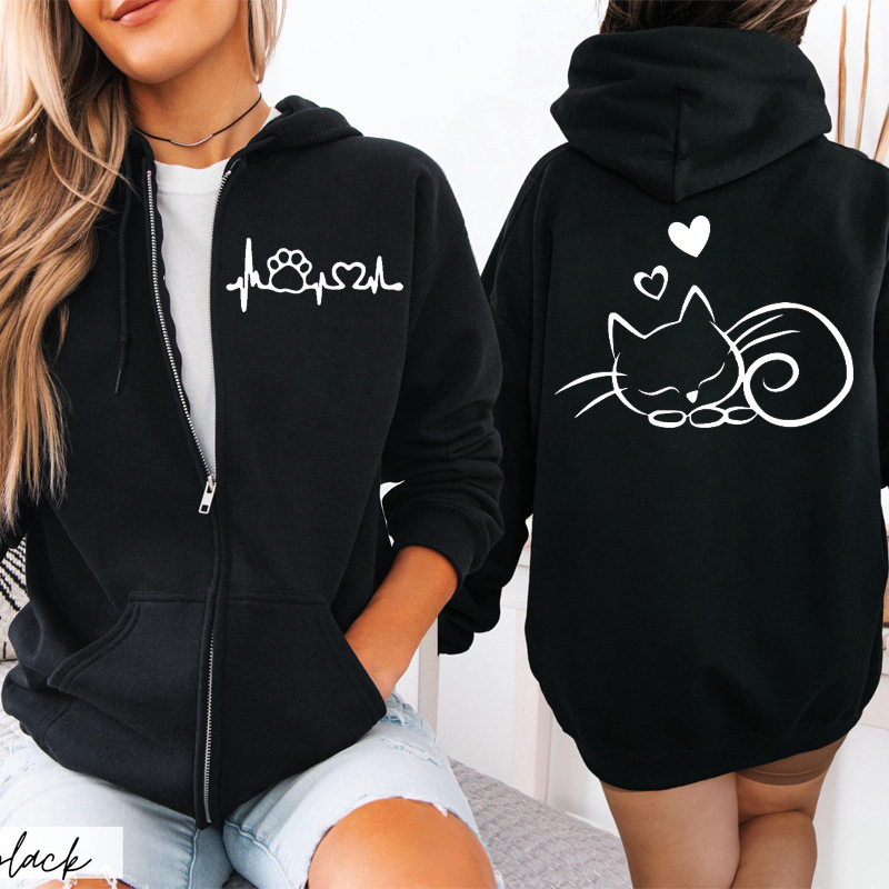 Unisex hoodie με εκτύπωση γάτας και φερμουάρ, μοντέλο 1009