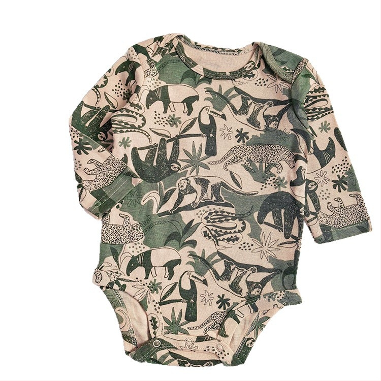 Bavlnený detský overal s dlhými rukávmi, károvaný vzor so zvieratami, unisex