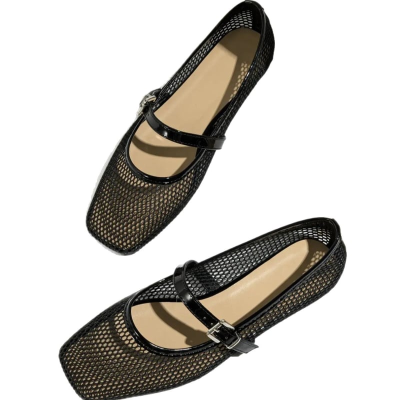 Pantofi femei Mary Jane, cu partea superioară din plasă, decupaj perforat, vârf pătrat, toc mic, vară