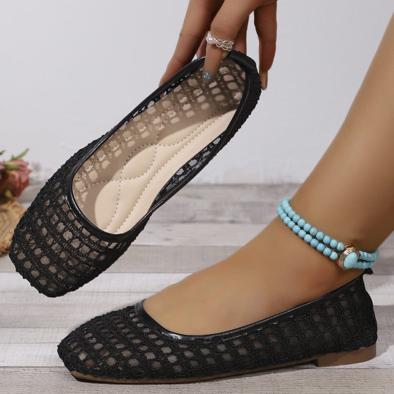 Női Mary Jane lapos talpú cipő hálószerű kivágásokkal, négyszögletes orral, slip-on, tavasz–nyár