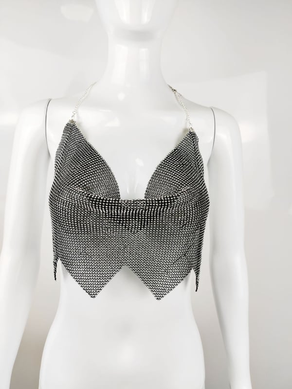 Ženský top bez chrbta s reťazou a čipkou so kamienkami – sexy top na nočný klub