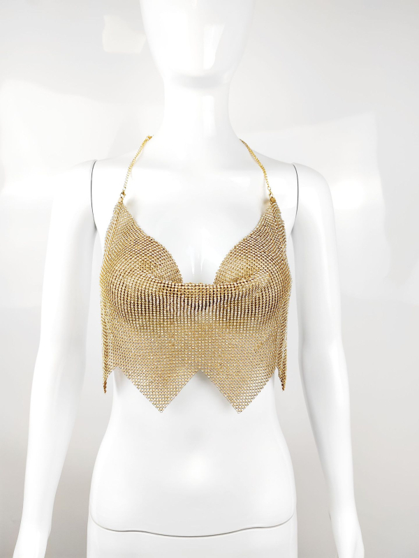 Ženský top bez chrbta s reťazou a čipkou so kamienkami – sexy top na nočný klub