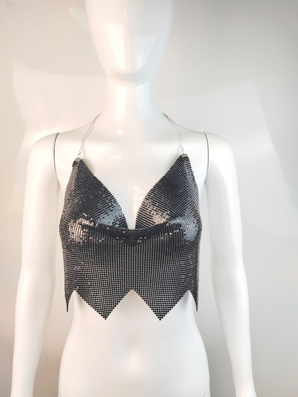 Ženský top bez chrbta s reťazou a čipkou so kamienkami – sexy top na nočný klub