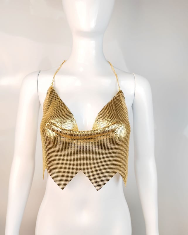 Ženský top bez chrbta s reťazou a čipkou so kamienkami – sexy top na nočný klub