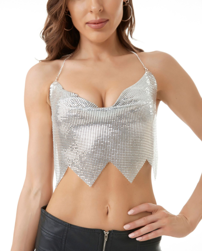 Ženský top bez chrbta s reťazou a čipkou so kamienkami – sexy top na nočný klub