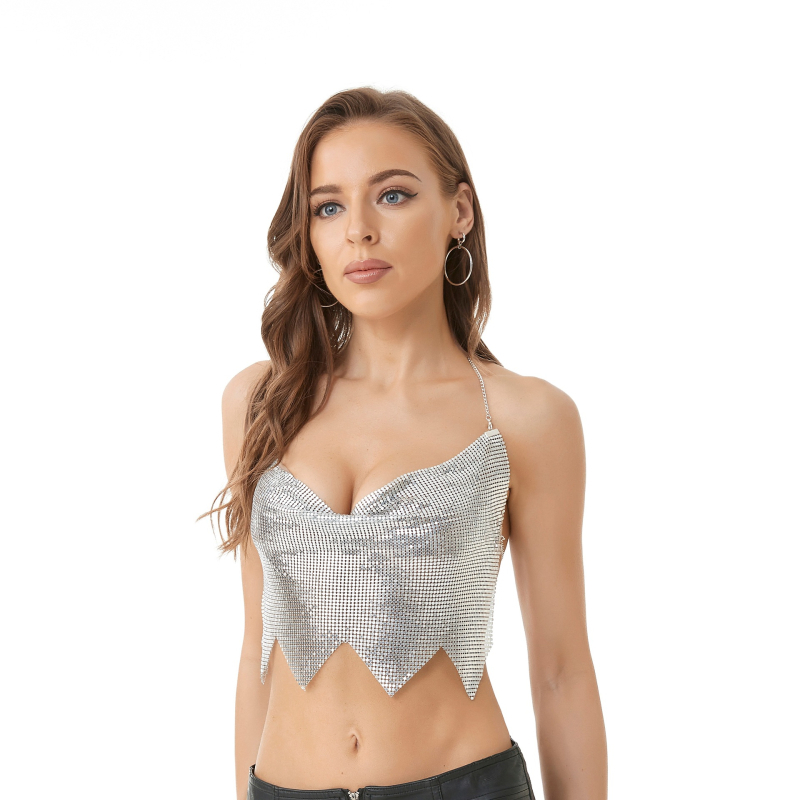 Ženský top bez chrbta s reťazou a čipkou so kamienkami – sexy top na nočný klub