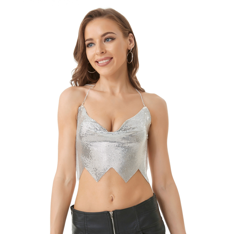 Ženský top bez chrbta s reťazou a čipkou so kamienkami – sexy top na nočný klub