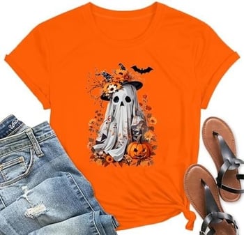 Dámske tričko na Halloween s motívom ducha a tekvice – jesenný kvetinový vzor, európska veľkosť