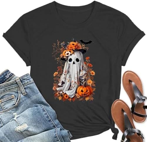 Dámske tričko na Halloween s motívom ducha a tekvice – jesenný kvetinový vzor, európska veľkosť