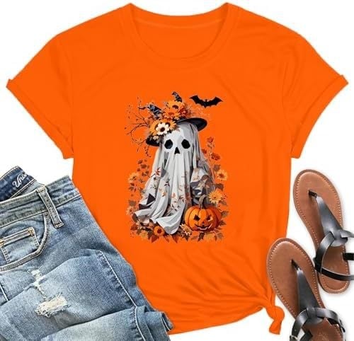 Dámske tričko na Halloween s motívom ducha a tekvice – jesenný kvetinový vzor, európska veľkosť
