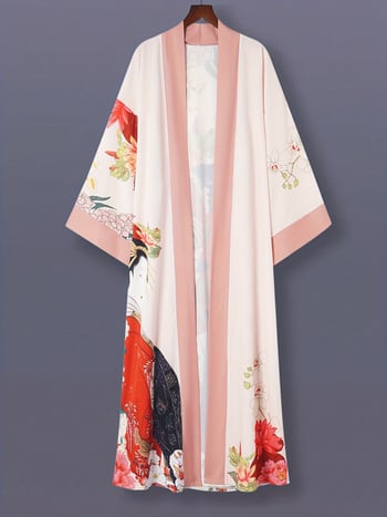 Japán stílusú nyomtatott középméretű kimono kardigán, 3/4-ös ujjú, könnyű női kabát
