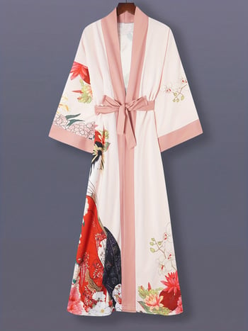 Japán stílusú nyomtatott középméretű kimono kardigán, 3/4-ös ujjú, könnyű női kabát