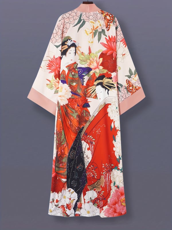 Japán stílusú nyomtatott középméretű kimono kardigán, 3/4-ös ujjú, könnyű női kabát