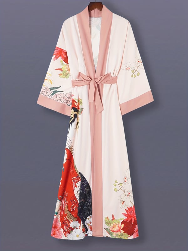 Japán stílusú nyomtatott középméretű kimono kardigán, 3/4-ös ujjú, könnyű női kabát