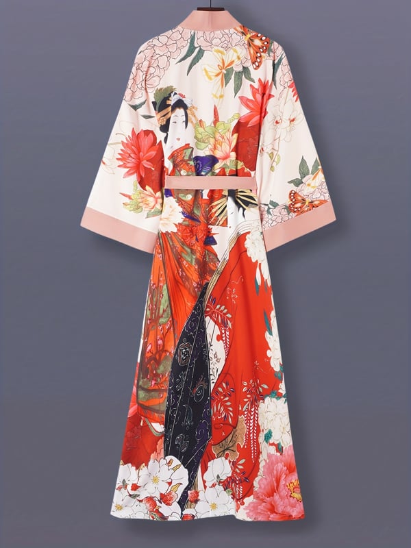Japán stílusú nyomtatott középméretű kimono kardigán, 3/4-ös ujjú, könnyű női kabát