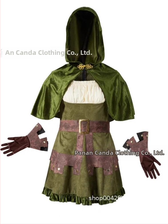 Zelený velúrový set sukne a plášťa Robin Hood pre ženy, retro stredoveký nordický cosplay kostým