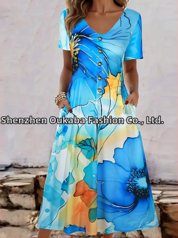 Plus-size dámske maxi šaty s V-výstrihom, krátke rukávy, gombové vrecká, geometrický vzor