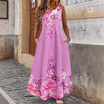 Letné šaty bez rukávov s vreckami pre ženy, voľný strih, dlhé, kvetinový potlač, polyester