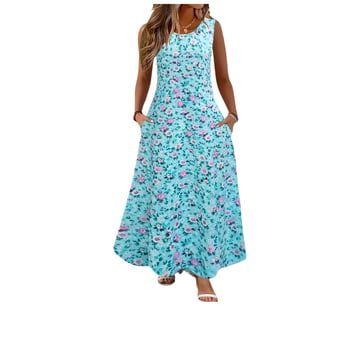 Letné šaty bez rukávov s vreckami pre ženy, voľný strih, dlhé, kvetinový potlač, polyester