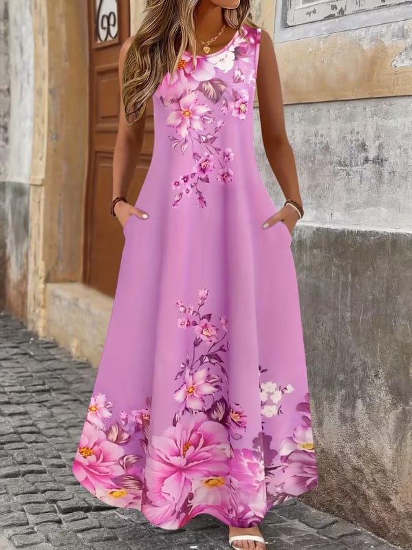 Letné šaty bez rukávov s vreckami pre ženy, voľný strih, dlhé, kvetinový potlač, polyester