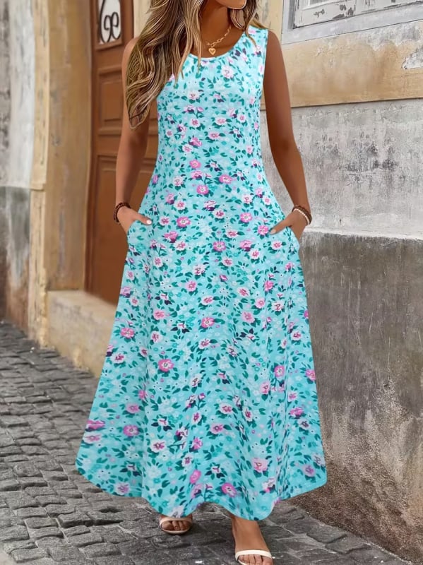 Letné šaty bez rukávov s vreckami pre ženy, voľný strih, dlhé, kvetinový potlač, polyester