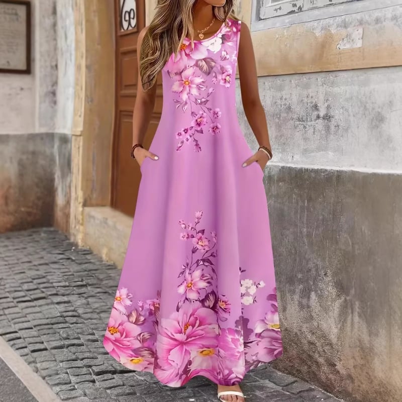 Letné šaty bez rukávov s vreckami pre ženy, voľný strih, dlhé, kvetinový potlač, polyester