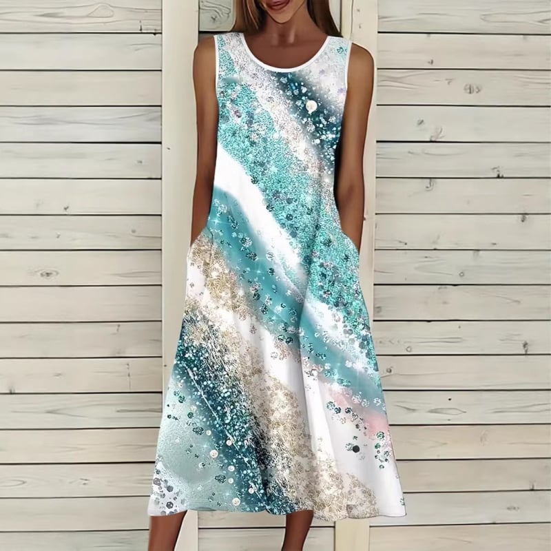 Letné šaty bez rukávov s vreckami pre ženy, voľný strih, dlhé, kvetinový potlač, polyester
