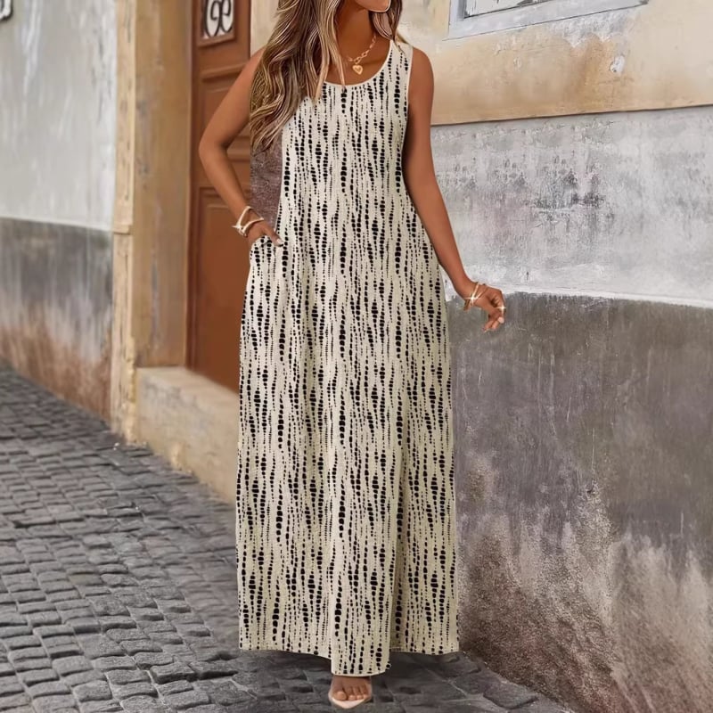Letné šaty bez rukávov s vreckami pre ženy, voľný strih, dlhé, kvetinový potlač, polyester