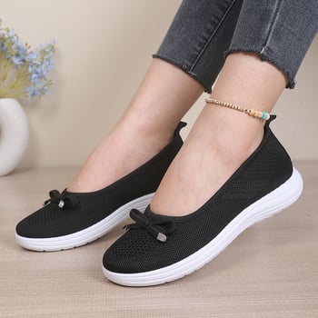 Pantofi damă mărime mare, decolteu mic, partea superioară Flyknit cu nod Bow-Knot, respirabili, talpă moale, pantofi casual pentru plimbare