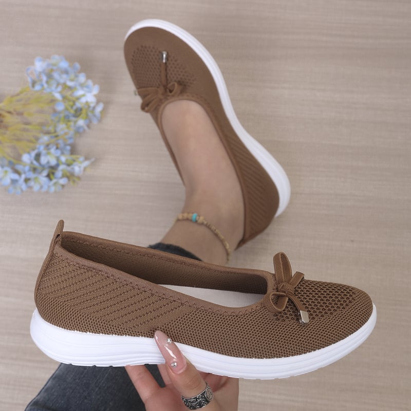 Pantofi damă mărime mare, decolteu mic, partea superioară Flyknit cu nod Bow-Knot, respirabili, talpă moale, pantofi casual pentru plimbare