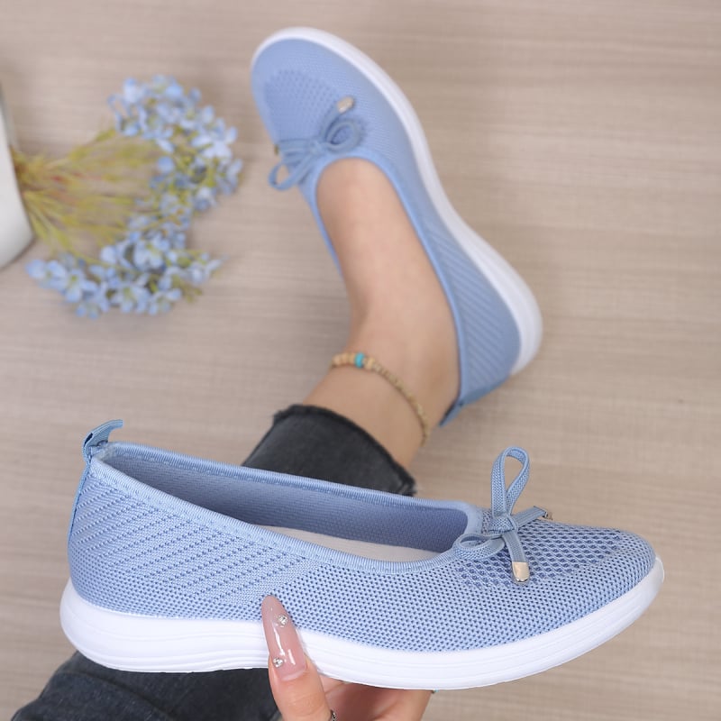 Pantofi damă mărime mare, decolteu mic, partea superioară Flyknit cu nod Bow-Knot, respirabili, talpă moale, pantofi casual pentru plimbare