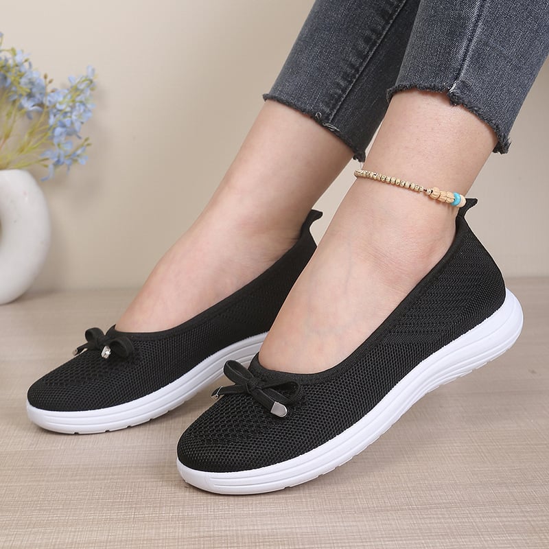 Pantofi damă mărime mare, decolteu mic, partea superioară Flyknit cu nod Bow-Knot, respirabili, talpă moale, pantofi casual pentru plimbare
