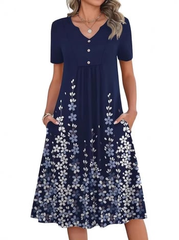 Kvetinové šaty s A-línie, V výstrihom, krátke rukávy, vrecká, stredná dĺžka, polyester