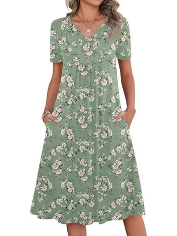 Kvetinové šaty s A-línie, V výstrihom, krátke rukávy, vrecká, stredná dĺžka, polyester