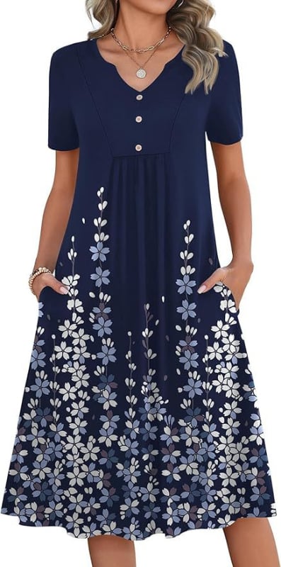 Kvetinové šaty s A-línie, V výstrihom, krátke rukávy, vrecká, stredná dĺžka, polyester