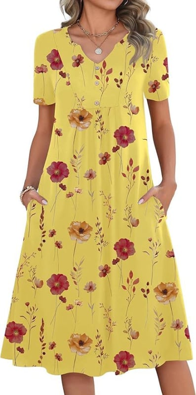 Kvetinové šaty s A-línie, V výstrihom, krátke rukávy, vrecká, stredná dĺžka, polyester