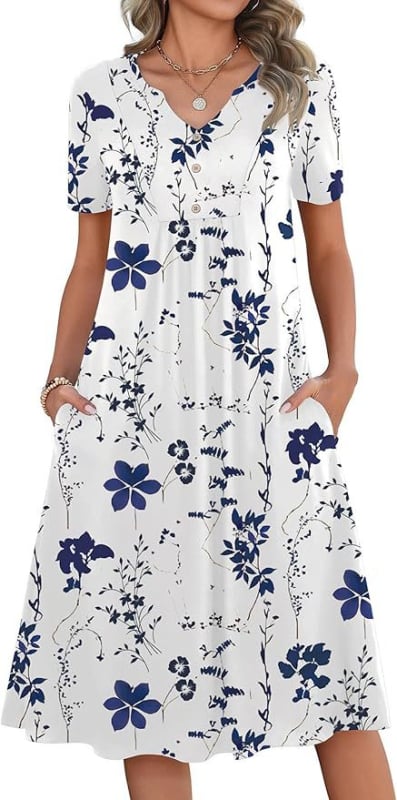 Kvetinové šaty s A-línie, V výstrihom, krátke rukávy, vrecká, stredná dĺžka, polyester