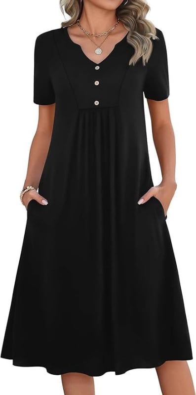 Kvetinové šaty s A-línie, V výstrihom, krátke rukávy, vrecká, stredná dĺžka, polyester
