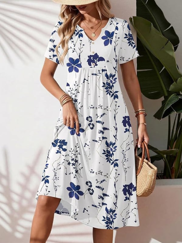 Kvetinové šaty s A-línie, V výstrihom, krátke rukávy, vrecká, stredná dĺžka, polyester