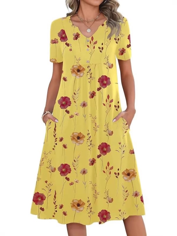 Kvetinové šaty s A-línie, V výstrihom, krátke rukávy, vrecká, stredná dĺžka, polyester