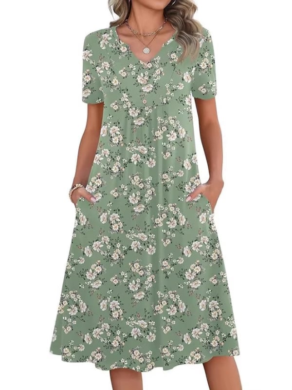 Kvetinové šaty s A-línie, V výstrihom, krátke rukávy, vrecká, stredná dĺžka, polyester