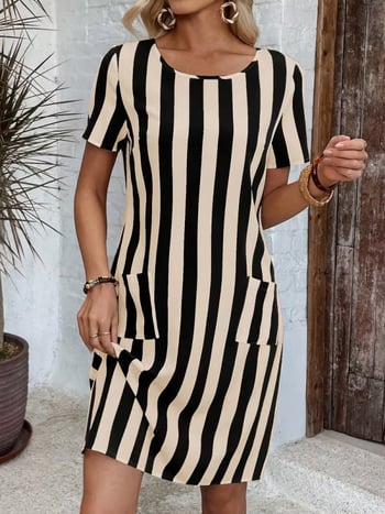 Pruhované šaty s krátkymi rukávmi, okrúhly výstrih, A-líniový strih, polyester, leto, casual