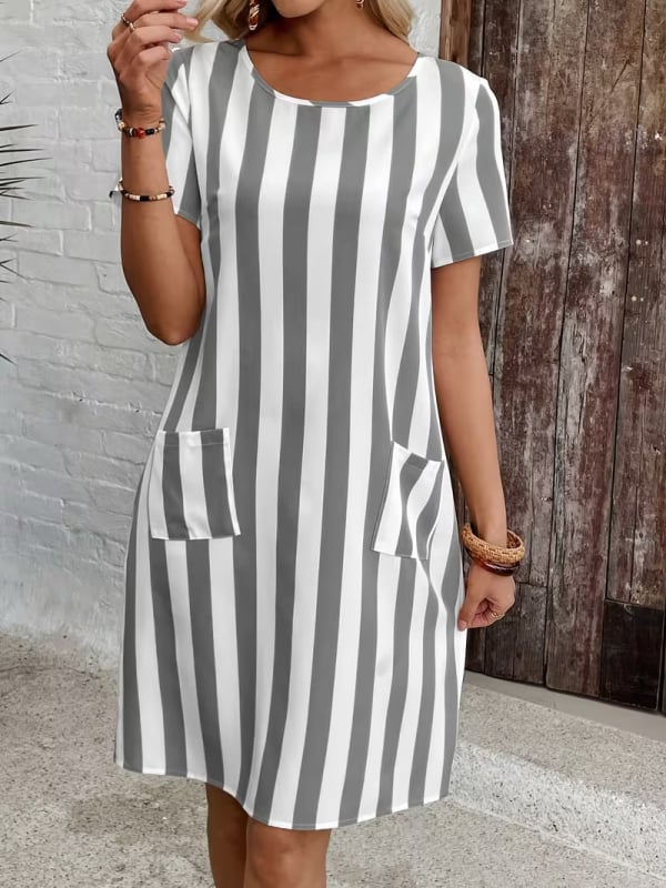 Pruhované šaty s krátkymi rukávmi, okrúhly výstrih, A-líniový strih, polyester, leto, casual