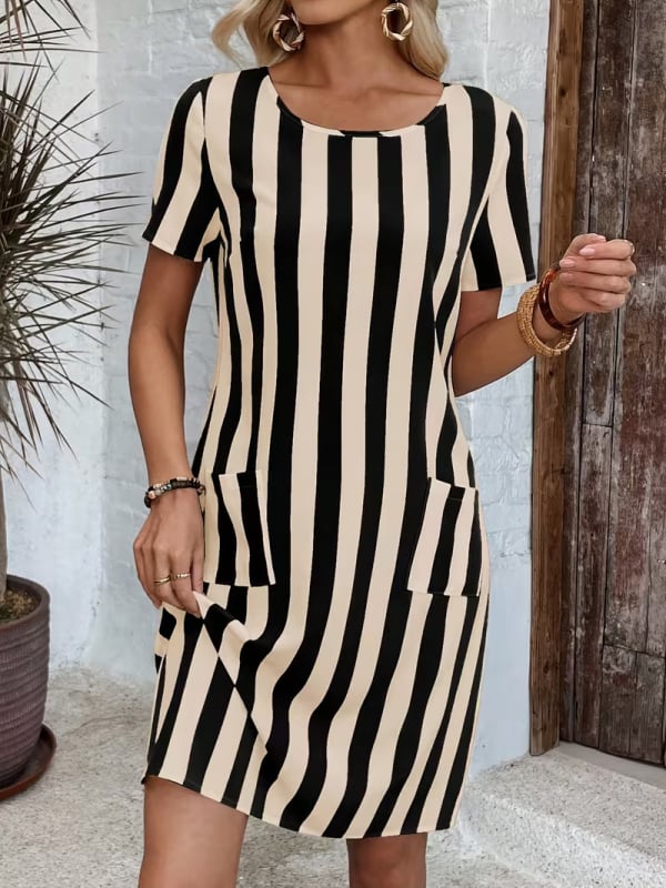 Pruhované šaty s krátkymi rukávmi, okrúhly výstrih, A-líniový strih, polyester, leto, casual