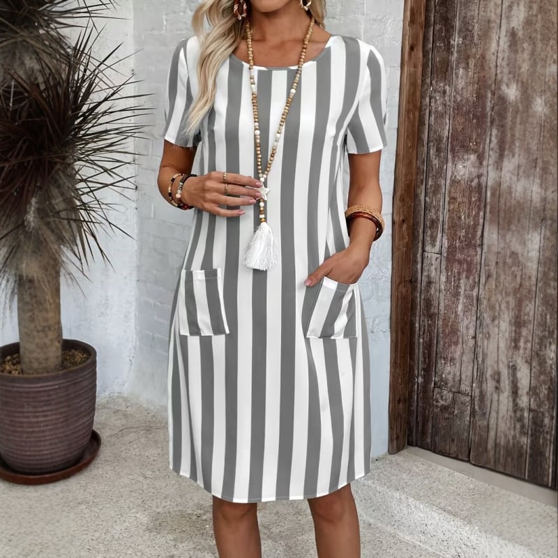 Pruhované šaty s krátkymi rukávmi, okrúhly výstrih, A-líniový strih, polyester, leto, casual